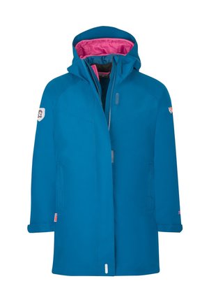 Blue hooded waterproof jacket with pink inner lining, long sleeves, front pockets, and zipper closure, shown against a white background.