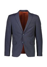 Marinblå randig blazer med slag, två knappar, två framfickor och orange foder. Har en klassisk skräddarsydd design och en slät textur.