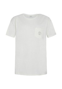 Witte katoenen t-shirt met korte mouwen, ronde hals en een borstzak met een ronde logo in een subtiele contrasterende kleur.