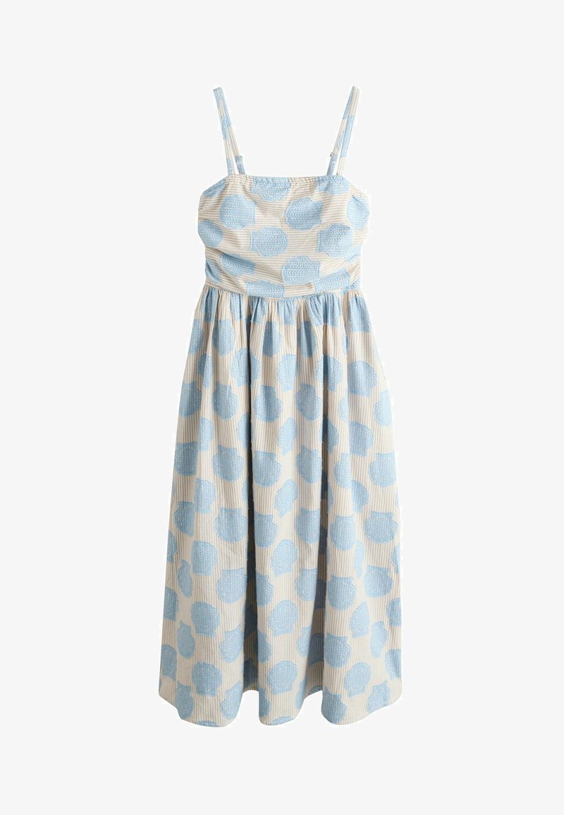 Robe midi sans manches avec bretelles spaghetti, base beige et motif floral abstrait bleu clair sur l'ensemble.