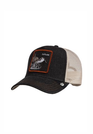 Sort og beige baseballkasket i mesh med et græshoppe-slangelogo og ordet "OUTLAW" på frontpanelet.