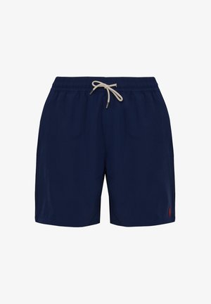 Pantaloni da nuoto blu navy realizzati in tessuto leggero, con vita elasticizzata e cordino, tasche laterali e un piccolo logo rosso.
