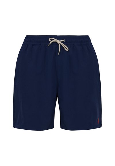 Pantaloni da nuoto blu navy realizzati in tessuto leggero, con vita elasticizzata e cordino, tasche laterali e un piccolo logo rosso.