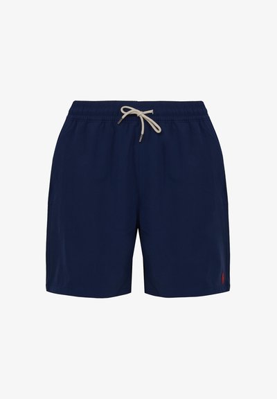Pantaloni da nuoto blu navy realizzati in tessuto leggero, con vita elasticizzata e cordino, tasche laterali e un piccolo logo rosso.