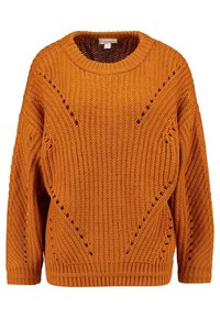 Oranger Strickpullover mit rundem Ausschnitt, strukturiertem Muster und offenen Maschenakzenten. Lange Ärmel und gerippte Saumdetails.