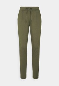 Jogging léger vert olive, avec une taille à cordon, des jambes fuselées et des plis latéraux. Le tissu semble lisse et extensible. Aucune motif visible.