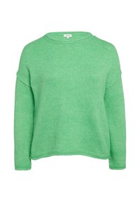 Grüner Strickpullover mit Rundhalsausschnitt, überschnittenen Schultern und gerippter Textur. Die Länge ist am Saum leicht verkürzt.