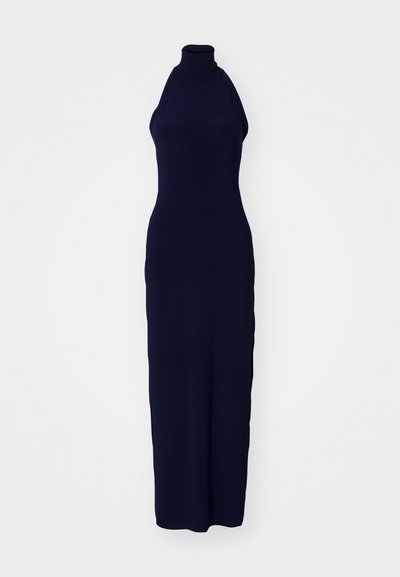 Tumši zils bez piedurknēm midi kleita ar augstu kakla izgriezumu, izgatavota no gludas, elastīgas auduma, ar pieguļošu dizainu un garu siluetu.