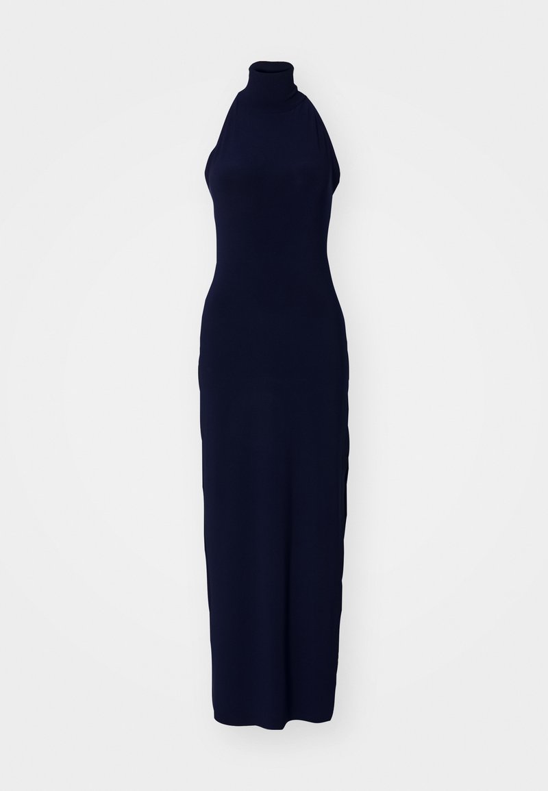 Navy ärmelloses Midikleid mit hohem Ausschnitt, aus einem glatten, dehnbaren Stoff gefertigt, mit figurbetontem Design und langer Silhouette.
