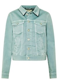 Ljusblå denimjacka med krage, knappstängning fram, två bröstfickor, sidofickor och kort design.
