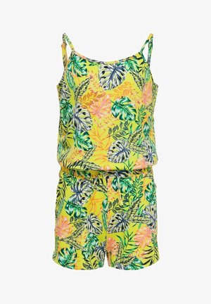 Combinaison jaune sans manches avec bretelles réglables et motifs de feuilles tropicales vertes, roses et grises, avec une taille à cordon et un short.