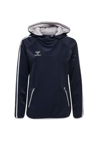 Felpa con cappuccio navy realizzata in tessuto morbido, con strisce bianche sui lati, due tasche frontali con zip e un logo sul petto.