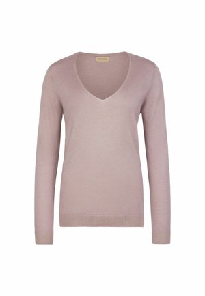 Lichtroze trui met lange mouwen en een V-hals, met ribgebreide manchetten en onderrand, gemaakt van een zacht, textuurgebreid materiaal.