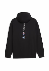 Sweat à capuche noir en tissu doux, avec un graphique rayé blanc et bleu "Motorsport" et le logo BMW au dos.
