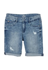 Shorts en denim bleu clair avec une texture usée, des poignets roulés et un léger délavage. Comprend cinq poches et une fermeture à bouton à l'avant.