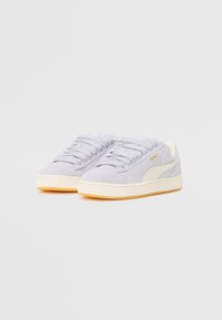 Sneakers in suede grigio chiaro con superficie tessurizzata, stringhe piatte, dettagli color crema e suola in gomma. Brand in oro sul lato.
