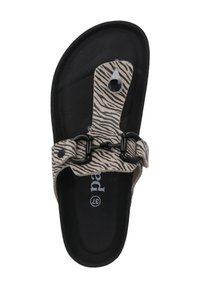 Sandalo nero con cinturino a stampa zebra, dotato di una fibbia nera e una suola texturizzata. La taglia 37 è visibile sulla soletta.