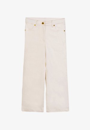 Pantaloni bianchi a gamba larga con tasche frontali e dettagli dorati su bottoni e rivetti in vita e sulle tasche.