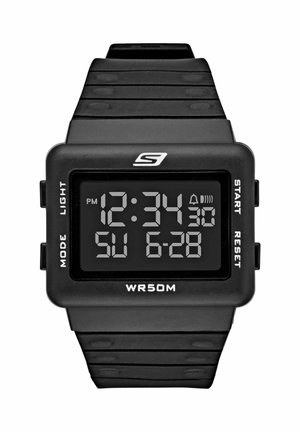 Reloj digital de pulsera negro que muestra la hora 12:34 PM, fecha domingo 28-6, con botones de modo, luz, inicio y reinicio, resistencia al agua WR50M.