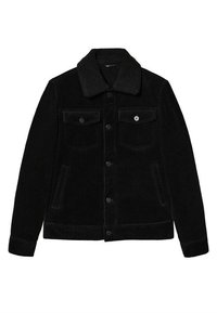 Sort kordfløjl jakke med en blød, sort shearling krave, der har to brystlommer, sidelommer og knaplukning foran.