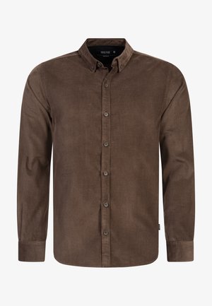 Brown corduroy shirt with long sleeves, button-down collar, and front button closures. Features a smooth texture and subtle sheen.