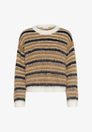 Pull à rayures avec une texture duveteuse en marron, noir et beige. Présente un col rond et des poignets et ourlet côtelés. Matière douce et chaude.