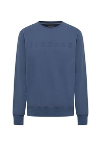Blaues Sweatshirt aus weichem Material. Mit Rundhalsausschnitt, langen Ärmeln und dem Markennamen "ELBSAND", der auf der Vorderseite geprägt ist.