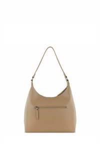 Borsa a mano in ecopelle beige con forma curva, tracolla singola e tasca frontale con zip. Texture liscia e dettagli sottili.