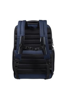 Zaino blu navy con schienale in rete nera imbottita, spallacci regolabili, scomparti con zip e design elegante per comfort e funzionalità.