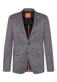 Grau kariertes Sakko mit dunklen Knöpfen, zwei Vordertaschen und einem orangen Akzentdetail im Innenfutter. Maßgeschneiderter Schnitt mit strukturierten Schultern.