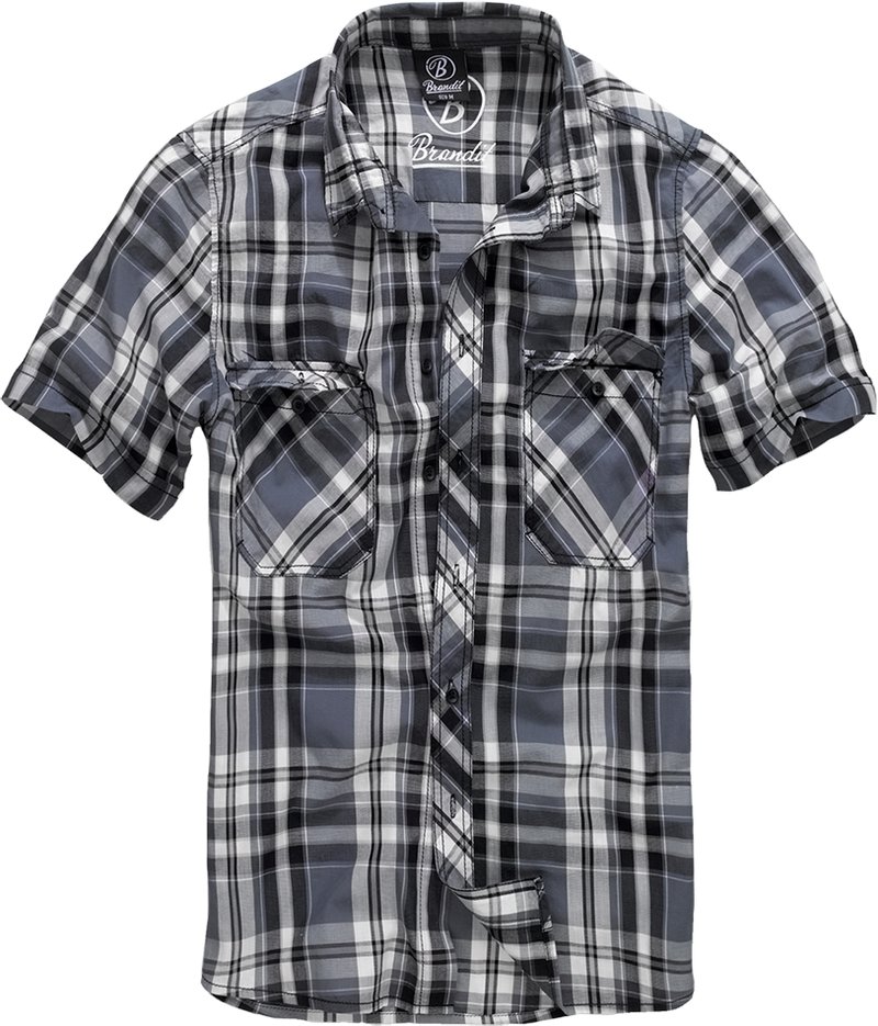 Camicia a maniche corte a quadri in grigio e nero con motivi bianchi e grigi a contrasto. Presenta due tasche sul petto e una chiusura con bottoni.