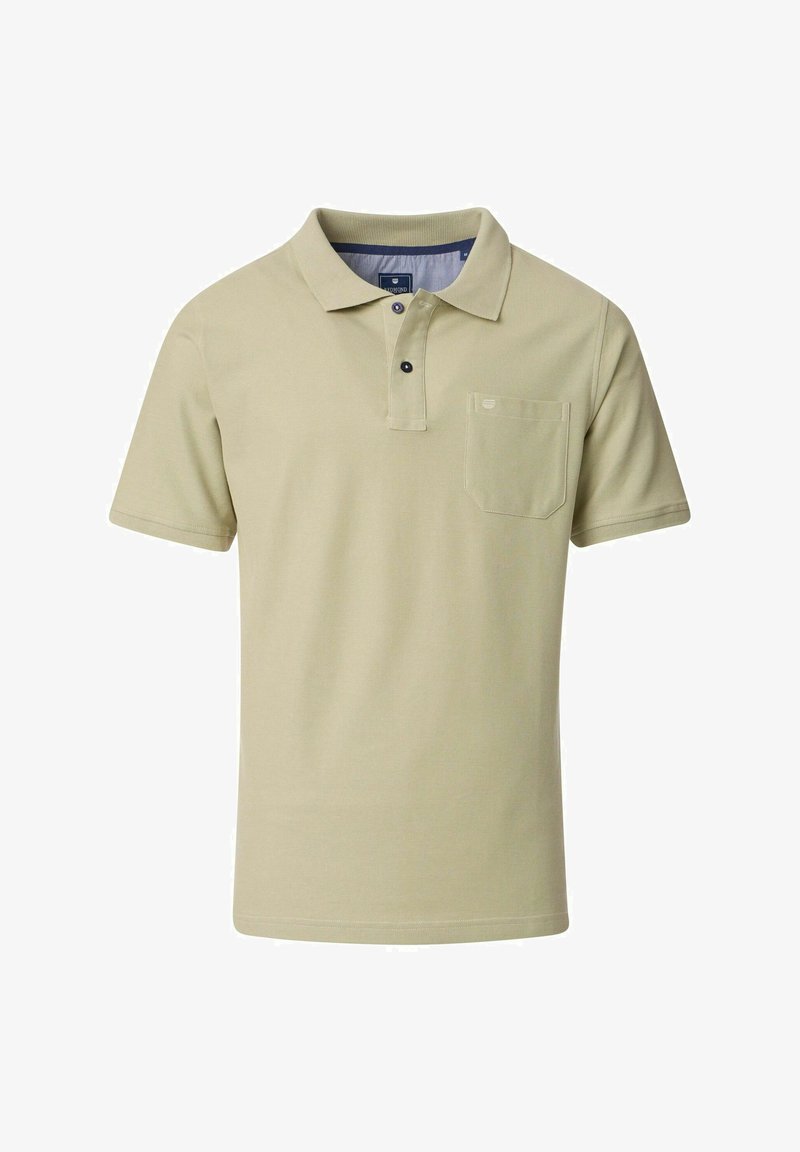 Beige kortærmet polo skjorte lavet af bomuld, med krave, tre-knap lukning og en brystlomme med en subtil tekstur.