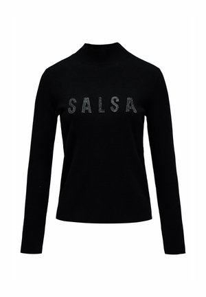 Black long-sleeve turtleneck sweater with the word "SALSA" in small, shiny decorative letters across the chest.