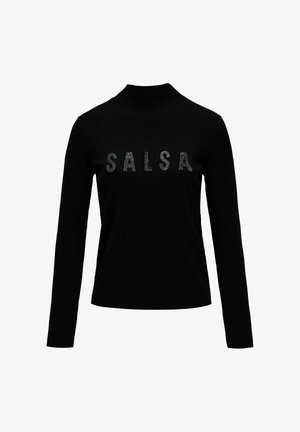 Suéter negro de manga larga y cuello alto con la palabra "SALSA" en pequeñas letras decorativas brillantes en el pecho.