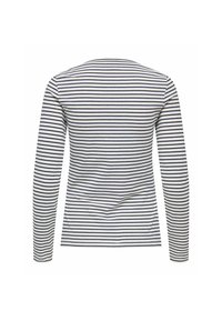 Wit T-shirt met lange mouwen en ronde hals, met horizontale marineblauwe strepen. Zachte katoenen stof met een aansluitend silhouet en een gladde textuur.