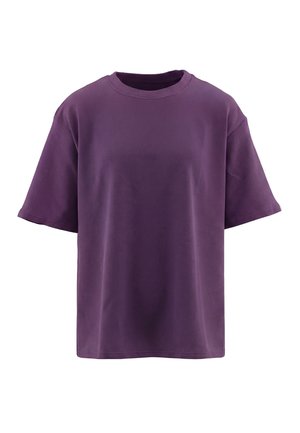T-shirt viola semplice a maniche corte, con scollo rotondo e vestibilità ampia, esposta su sfondo bianco.