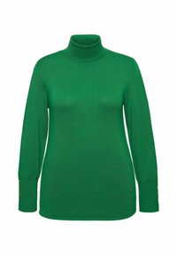 Pull à col roulé vert en tricot texturé, doté de manches longues avec des accents de boutons dorés aux poignets.