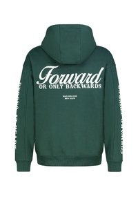 Grüner Kapuzenpullover aus Baumwollmischung. Mit weißem Schriftzug auf Rücken und Ärmeln. Lässiger Schnitt mit gerippten Bündchen und Saum.