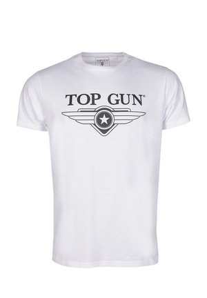 Weißes Baumwoll-T-Shirt mit schwarzem "TOP GUN"-Logo, Flügeln und einem Sternmotiv in der Mitte. Kurze Ärmel und Rundhalsausschnitt.