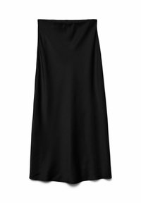 Zwarte, knielange rok van gladde stof; heeft een eenvoudig, ongecompliceerd ontwerp met een elastische tailleband en een rechte snit.