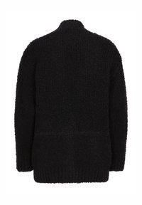 Cardigan noir texturé à manches longues en tricot avec poignets et ourlet côtelés, présenté de dos sur un fond blanc.