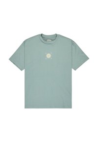 Hellgrünes T-Shirt aus weicher Baumwolle. Mit einem zentrierten Sonnenmotiv und dem Markennamen in Pastellfarben. Kurze Ärmel, Rundhalsausschnitt.