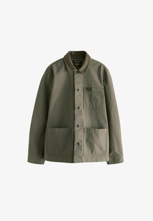 Olijfgroene jas van duurzaam materiaal, met een corduroy kraag, uiterste knoopsluiting aan de voorkant, twee grote zakken en een kleine borstzak.