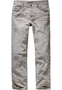 Jeans de denim gris claro con un corte recto, que presentan secciones desgastadas, un leve destrozo y un diseño clásico de cinco bolsillos.
