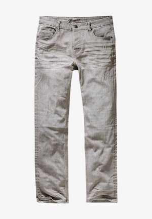 Jeans din denim gri deschis, cu croi drept, care prezintă zone decolorate, uzură subtilă și un design clasic cu cinci buzunare.