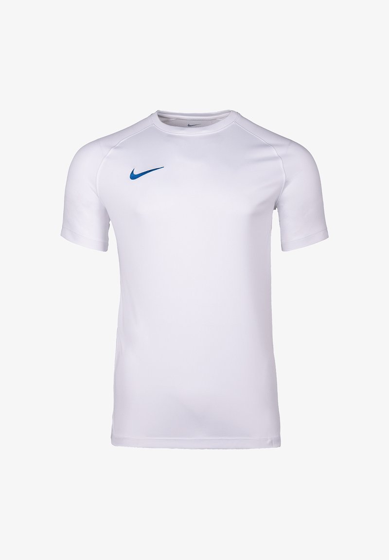Weißes athletisches Kurzarmshirt mit Rundhalsausschnitt und kleinem blauen Nike-Swoosh-Logo auf der oberen linken Brust.