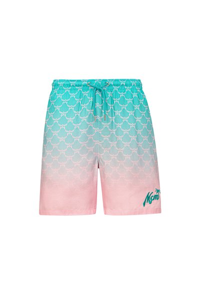 Shorts de bain turquoise et rose avec un motif dégradé, arborant un logo de palmier et une taille élastique avec un cordon de serrage.