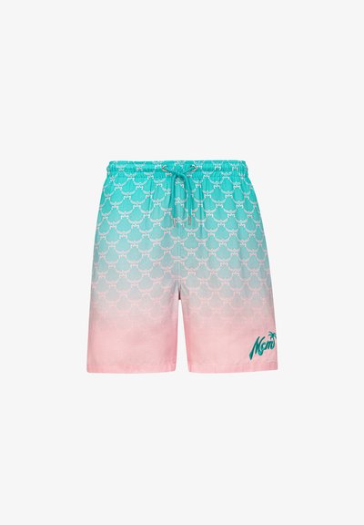 Shorts de bain turquoise et rose avec un motif dégradé, arborant un logo de palmier et une taille élastique avec un cordon de serrage.