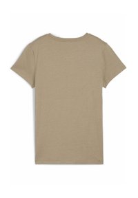 Beige t-shirt met korte mouwen van zachte katoen, met een ronde hals en een naadloos ontwerp aan de achterkant zonder zichtbare logo's of afbeeldingen.