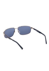 Occhiali da sole con montatura metallica rettangolare, aste blu navy e lenti bluette. Presentano naselli regolabili per una vestibilità comoda.